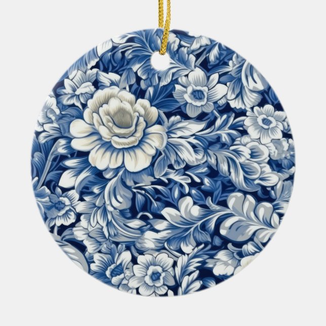 Indigo Blue Flowers Ceramic Ornament (Front)