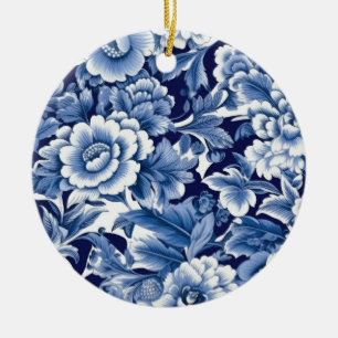 Indigo Blue Flowers Ceramic Ornament