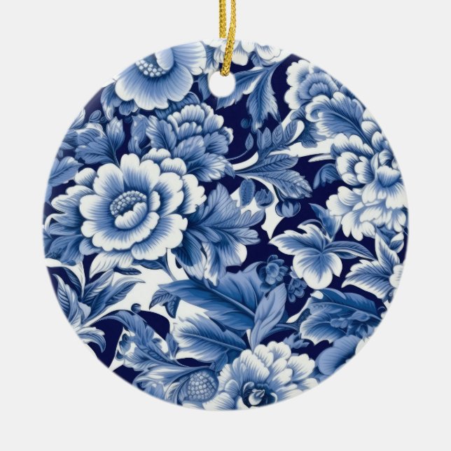 Indigo Blue Flowers Ceramic Ornament (Front)