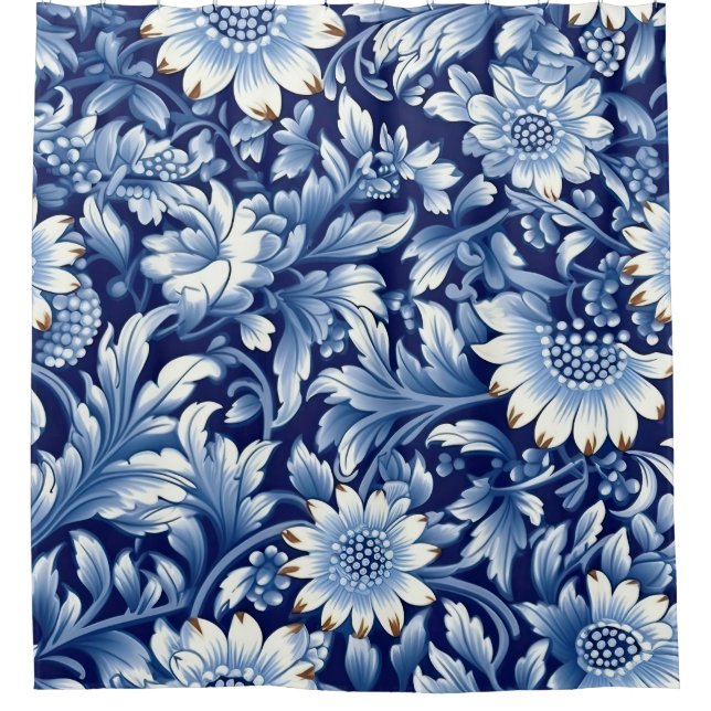Indigo Blue Flowers Shower Curtain (Front)