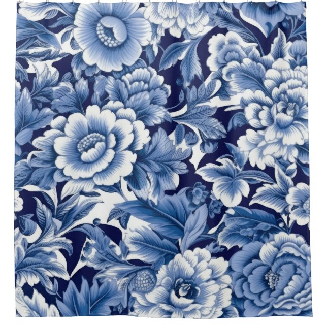 Indigo Blue Flowers Shower Curtain (Front)