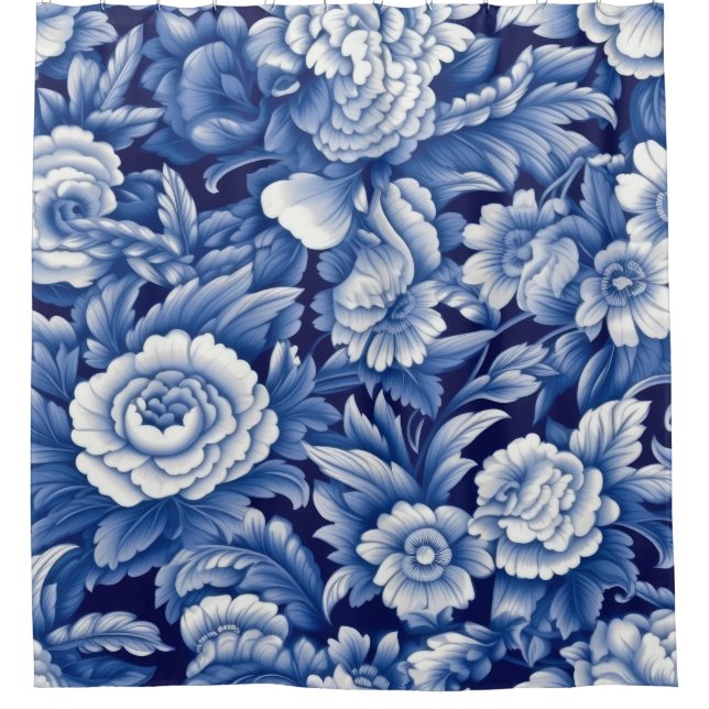 Indigo Blue Flowers Shower Curtain (Front)