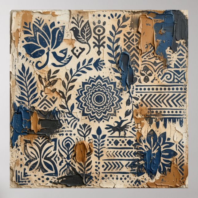 Indigo Blue Folk Art Woodblock Floral Pattern Dist Poster (Front)