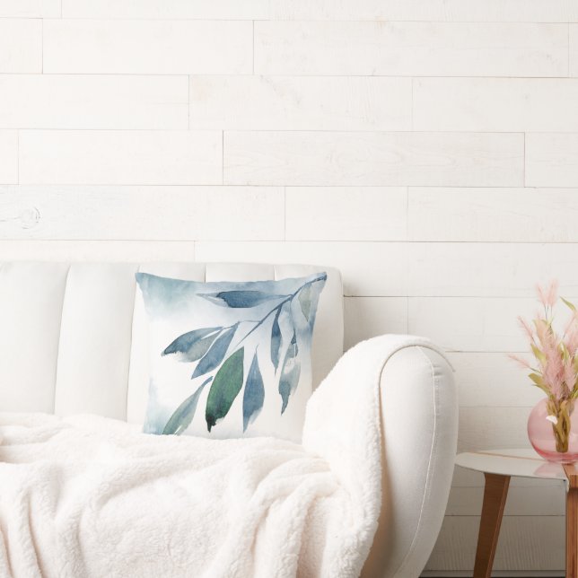 Indigo Blue Green Abstract Leaves Cushion (Couch)