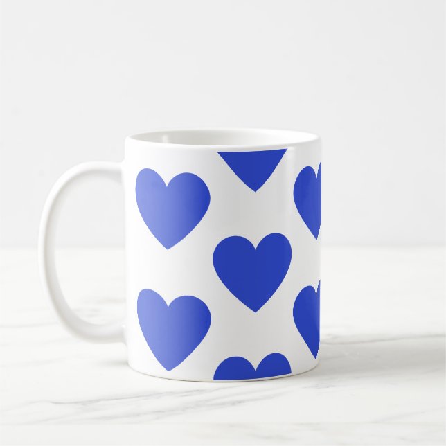 Indigo blue hearts fun white coffee mug (Left)