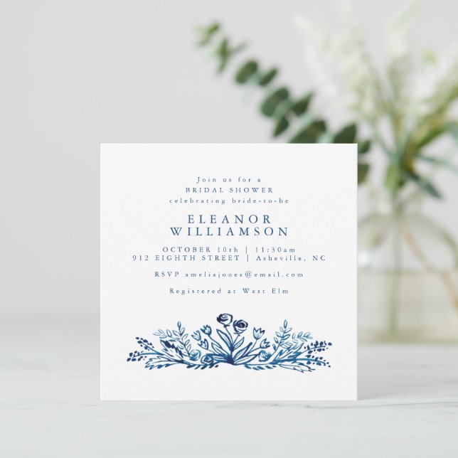 Indigo Blue Ink Line Art Floral Bridal Shower  Invitation (Standing Front)