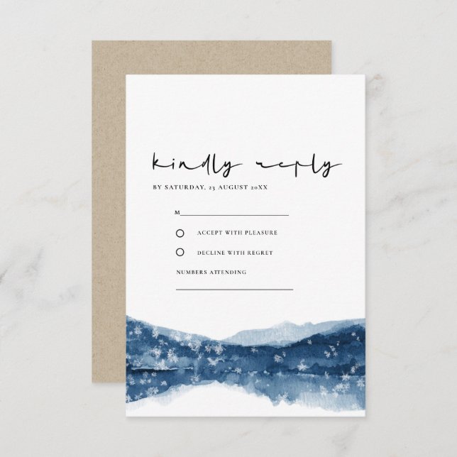 INDIGO BLUE LAKE MOUNTAINS SNOWFALL WEDDING RSVP ENCLOSURE CARD (Front/Back)