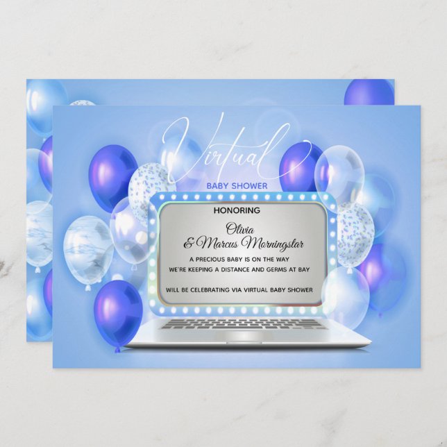 Indigo Blue Laptop Virtual Baby Boy  Shower Invitation (Front/Back)
