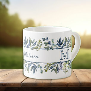 Indigo Blue Leaves Border Monogram Espresso Cup