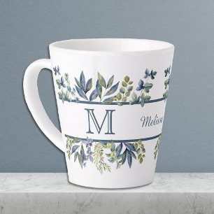 Indigo Blue Leaves Border Monogram Latte Mug