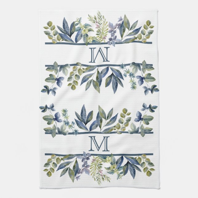 Indigo Blue Leaves Border Monogram Tea Towel (Vertical)