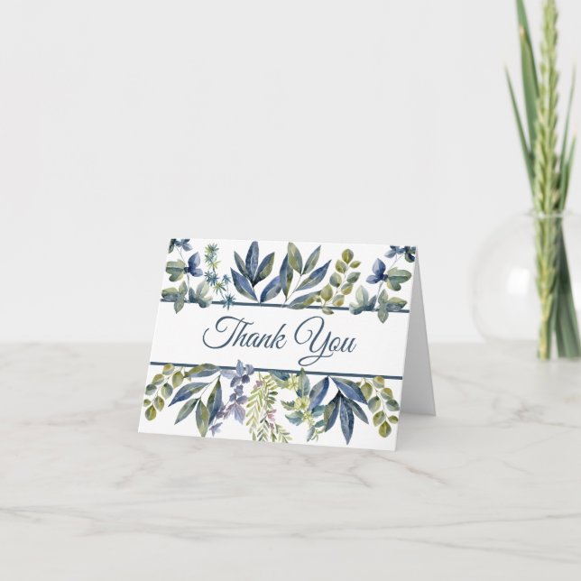 Indigo Blue Leaves Border Thank You Card (Front)