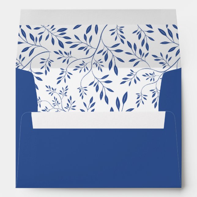 Indigo blue leaves pattern and initials wedding envelopes (Back (Bottom))