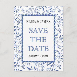 Indigo blue leaves pattern wedding Save the Date Announcement Postcard