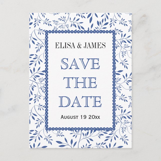 Indigo blue leaves pattern wedding Save the Date Announcement Postcard (Front)