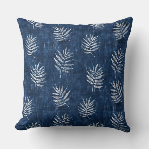 Indigo Blue Leaves Throw Pillow