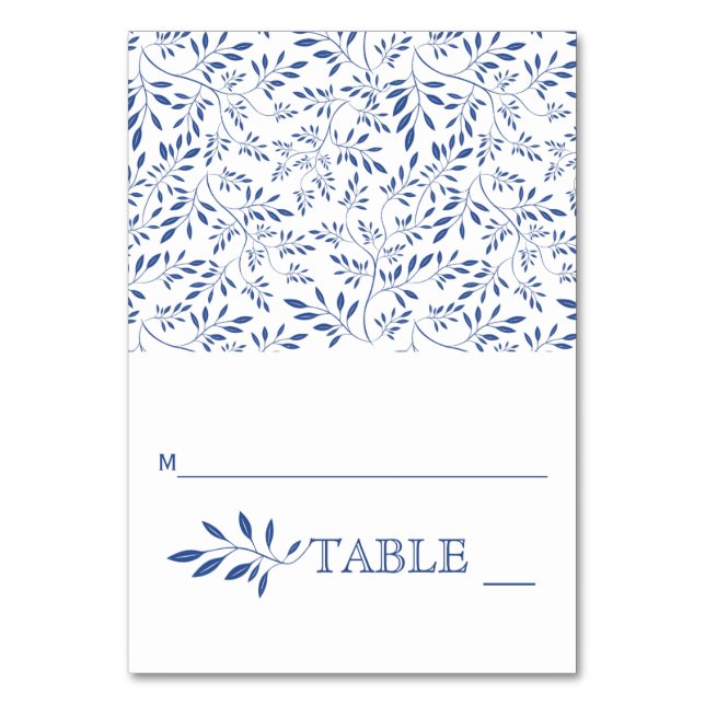 Indigo blue leaves wedding folded escort card (Front)