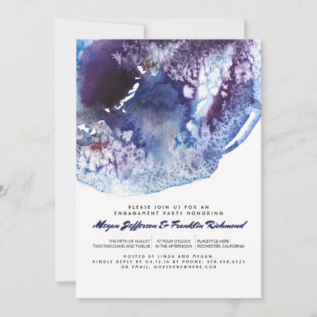 Indigo Blue Modern Watercolor Engagement Party Invitation (Front)