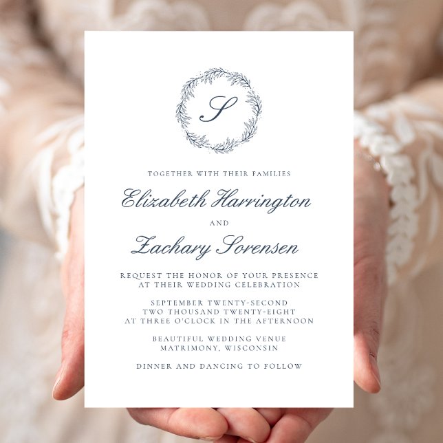 Indigo Blue Monogram Wreath Script Wedding Invitation (Creator Uploaded)
