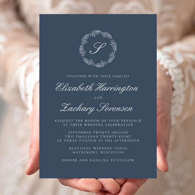 Indigo Blue Monogram Wreath White Script Wedding Invitation (Creator Uploaded)