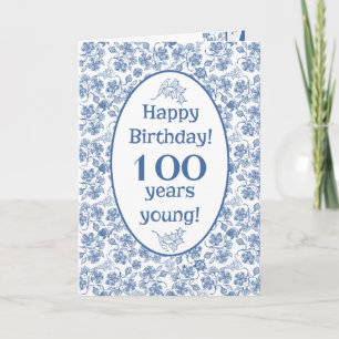 Indigo Blue on White Floral 100th Birthday Card