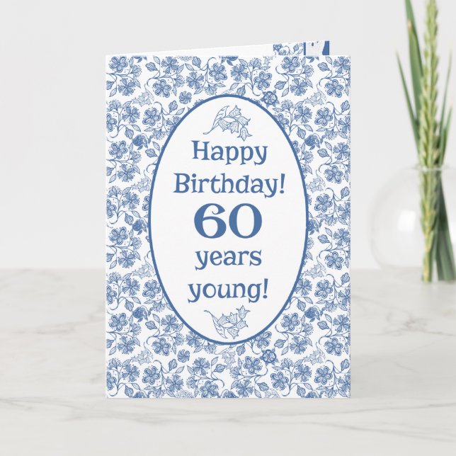 Indigo Blue on White Floral 60th Birthday Card (Front)