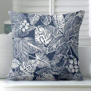 Indigo Blue Palm Leaf Throw Pillow