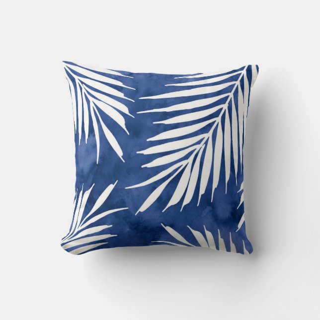 Indigo Blue Palm Leaves Watercolor Silhouette Cushion (Front)