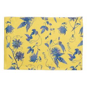 Indigo Blue Passion Flowers on Mustard Yellow Pillowcase