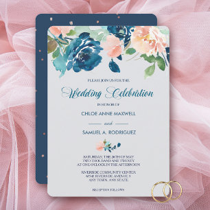 Indigo Blue Peach Roses Border Wedding Invitation