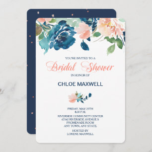 Indigo Blue Peach Roses Bridal Shower Invitation