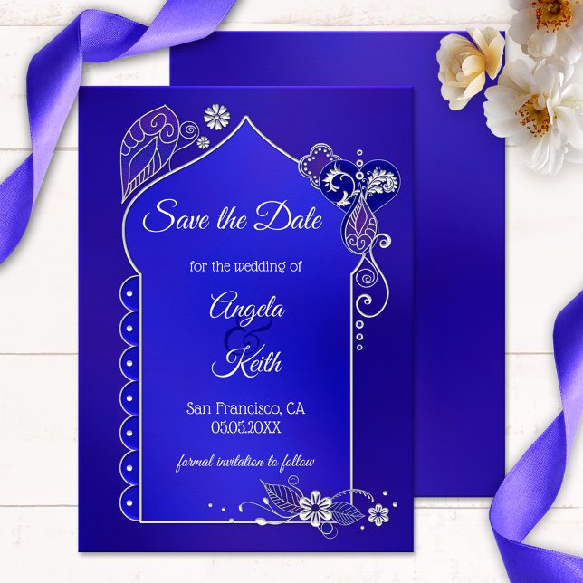 Indigo Blue Purple Henna Save the Date Card (Indian/Pakistani/Moroccan style showing henna and tattoo inspired designs in silver indigo purple)