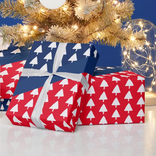 Indigo Blue Red White Christmas Tree Pattern Wrapping Paper (Holidays)