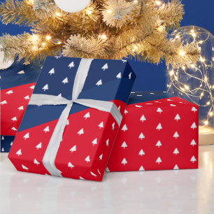 Indigo Blue Red White Christmas Tree Pattern Wrapping Paper