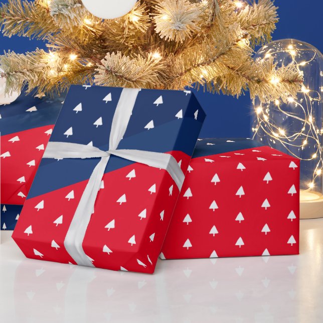 Indigo Blue Red White Christmas Tree Pattern Wrapping Paper (Holidays)