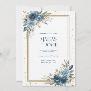 Indigo Blue Rose Gold Glitter Watercolor Floral Invitation