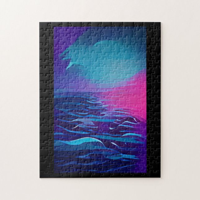 Indigo blue sea pink horizon abstract graphic art jigsaw puzzle (Vertical)
