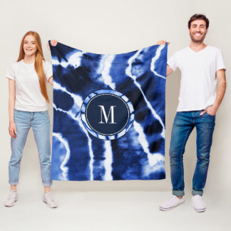 Indigo Blue Shibori Marble Agate Tie Dye Monogram Fleece Blanket