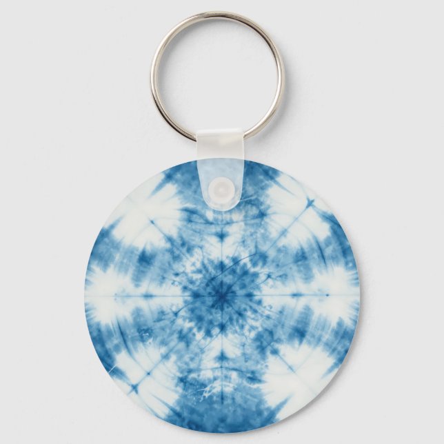 Indigo Blue Shibori Tie Dye Pattern Key Ring (Front)