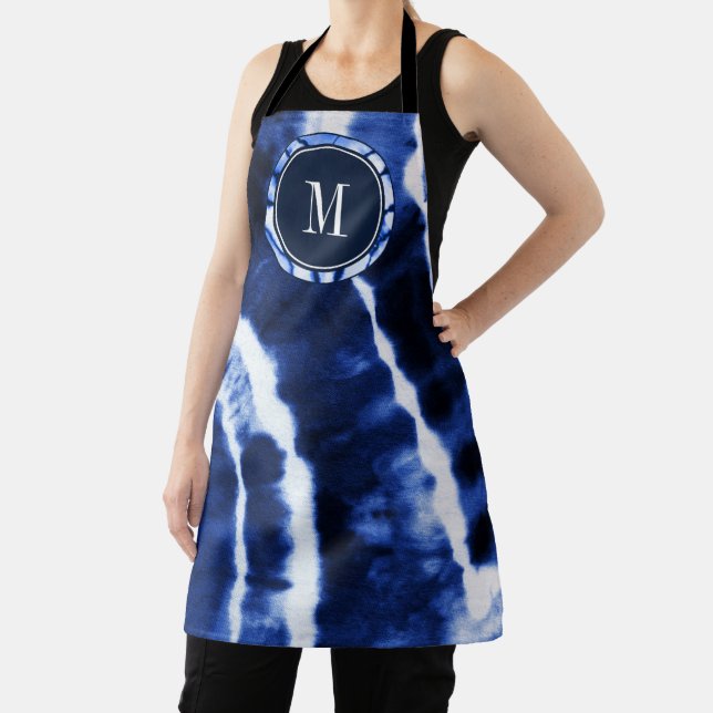Indigo Blue Shibori Tie Dye Watercolor Monogram Apron (Insitu)