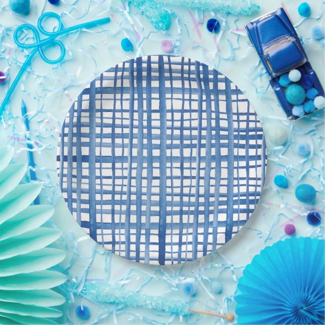 Indigo blue Shibori watercolor grid pattern  Paper Plate (Party)