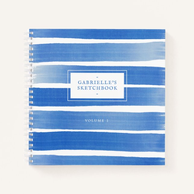 Indigo Blue Sketchbook Abstract Stripe Custom Name Notebook (Front)