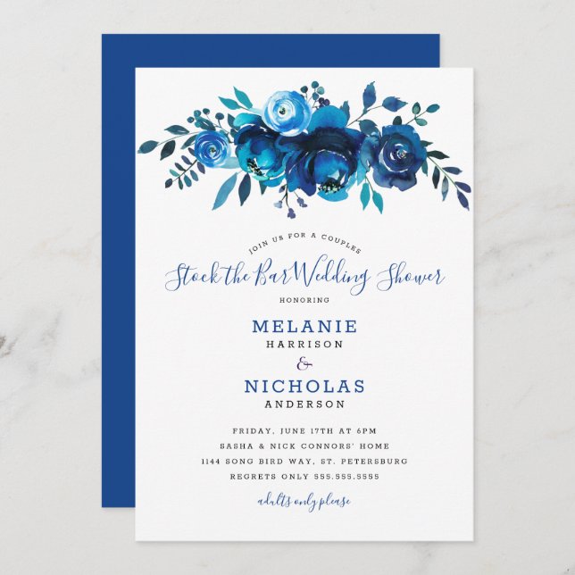 Indigo Blue Stock the Bar wedding shower Invitation (Front/Back)