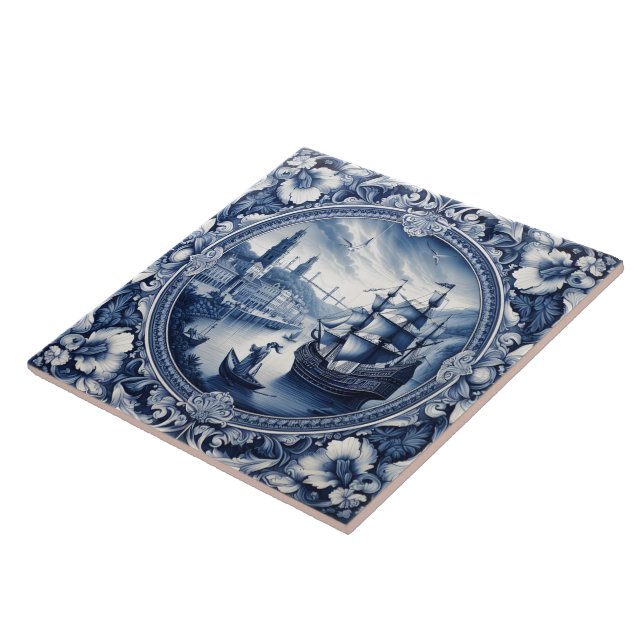 Indigo Blue Tiles Show Maritime Scene (Side)
