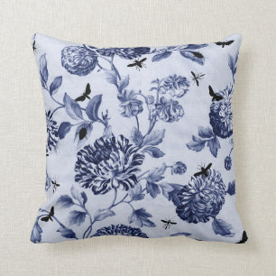 Indigo Blue Vintage Botanical Bugs Floral Toile Cushion
