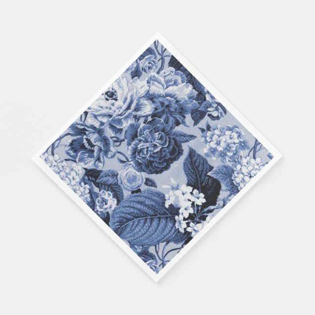 Indigo Blue Vintage Floral Dahlias Hydrangeas Napkin (Corner)