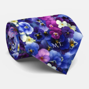 Indigo Blue Violet Purple Pansies Watercolor  Tie