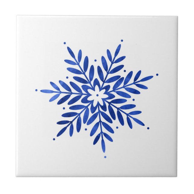 Indigo Blue Watercolor Abstract Snowflake  Ceramic Tile (Front)