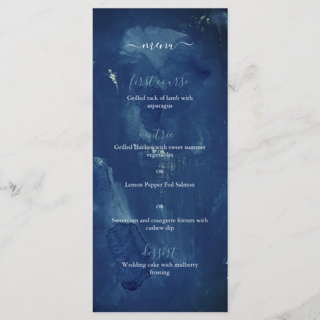 Indigo Blue Watercolor Elegant Wedding Menu (Front)
