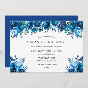 Indigo blue watercolor floral horizontal wedding invitation